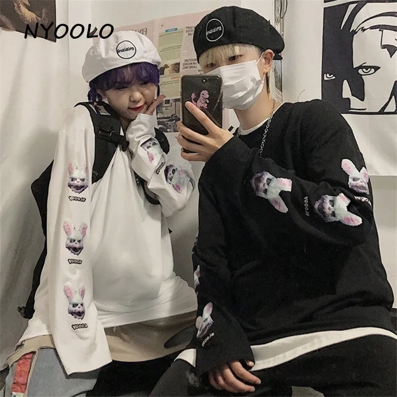 NYOOLO Harajuku уличная свободная футболка с принтом кровавых кроликов, осенняя футболка с длинным рукавом и круглым вырезом, пуловеры, футболка для женщин и мужчин