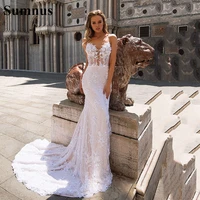 sumnus lace mermaid weding dress sexy deap v neck 3d flower appliques backless luxury bridal dress boho wedding gowns