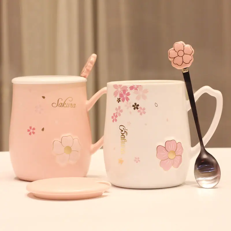 

Японская креативная керамическая чашка с цветком вишни и крышкой, термостойкая чашка, кружка для дома и офиса для девочек