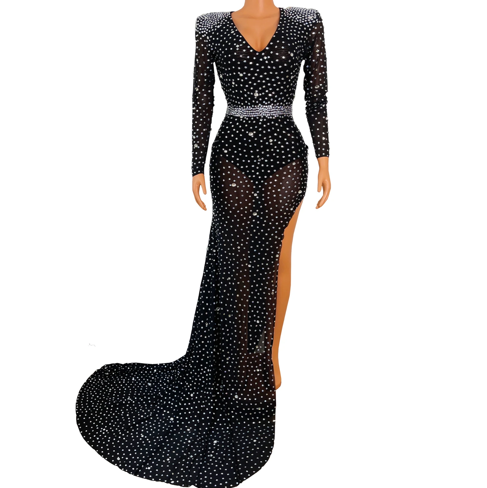 

Nightclub Black Diamond Performance Wear Banquet Vestidos De Fiesta Vintage Evening Dresses Sequined Tailed Dress