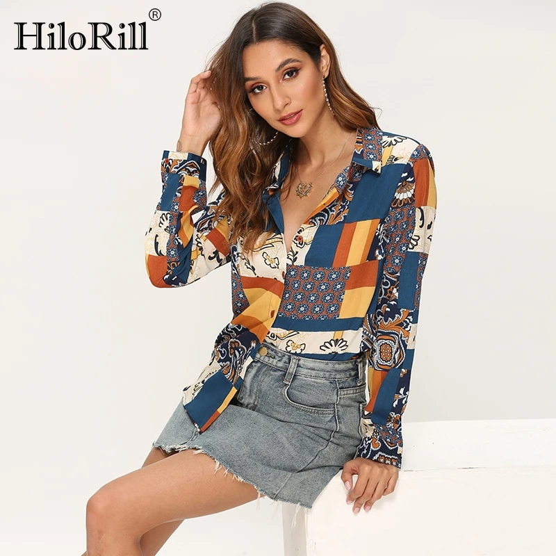 

Женская блуза с отложным воротником, длинным рукавом и винтажным принтом