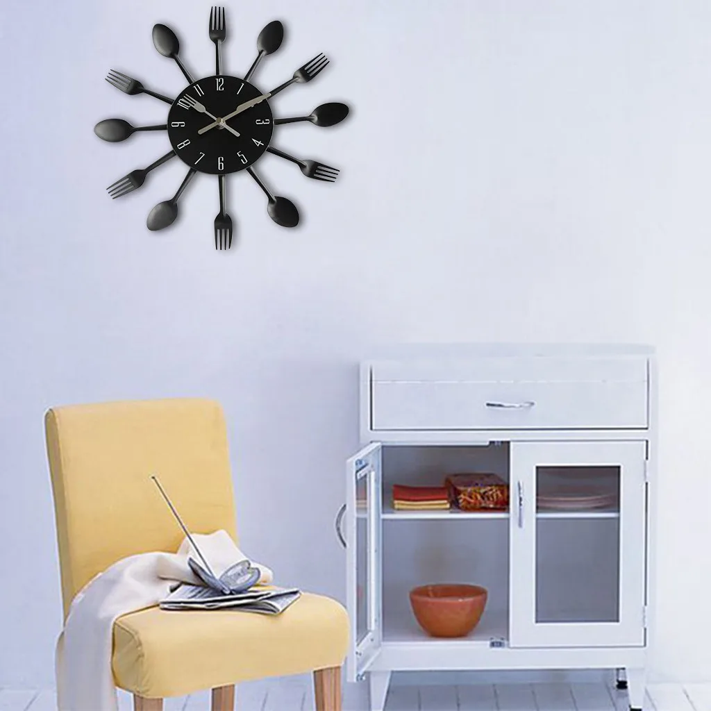 Настенные часы современный дизайн серебристые столовые приборы кухонная утварь