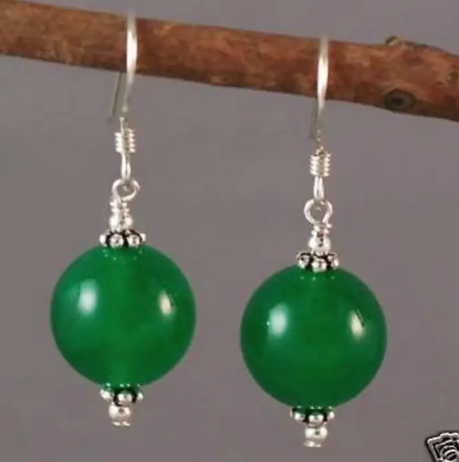 

Lovely tibet 12mm green Natural jade bead dangle 925 silver hook earrings