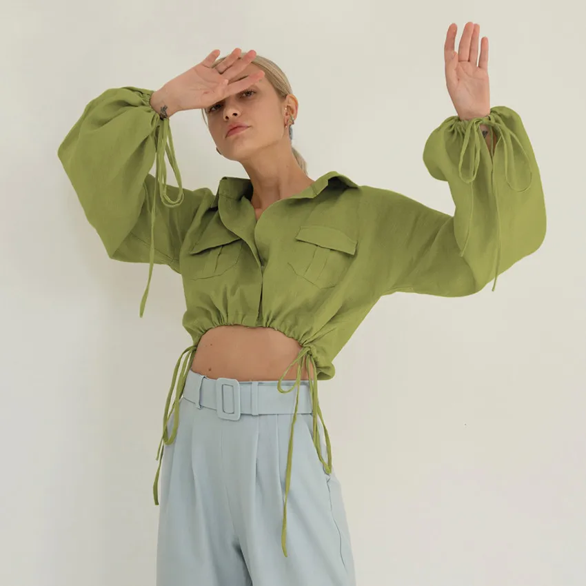 

Women Crop Top Pullover Solid Cotton Linen Turn-Down Collar Lace Up Puff Sleeve High waist Pocket Lace-Up Blouses Shirts Autumn