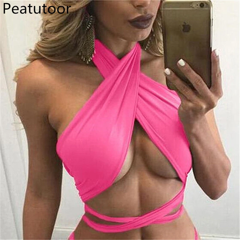 

Sexy Women Crop Top 2020 Summer Cross Straps Tops Ladies Nightclubs Elastic Vest Camisole Candy Color Halter Wrapped Feminino