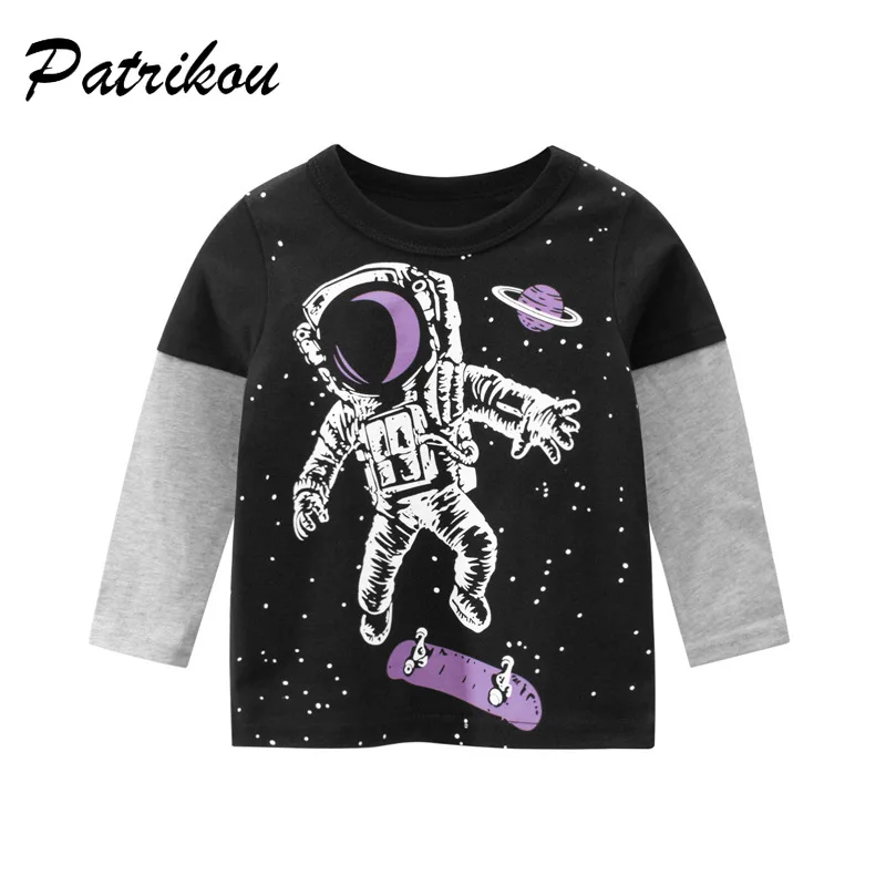 

Children's Patchwork T-Shirt Spring Fall 3-8Y Kids Cotton Long Sleeved Clothes Astronaut Pattern Tops O-Neck Pullover Base Tees