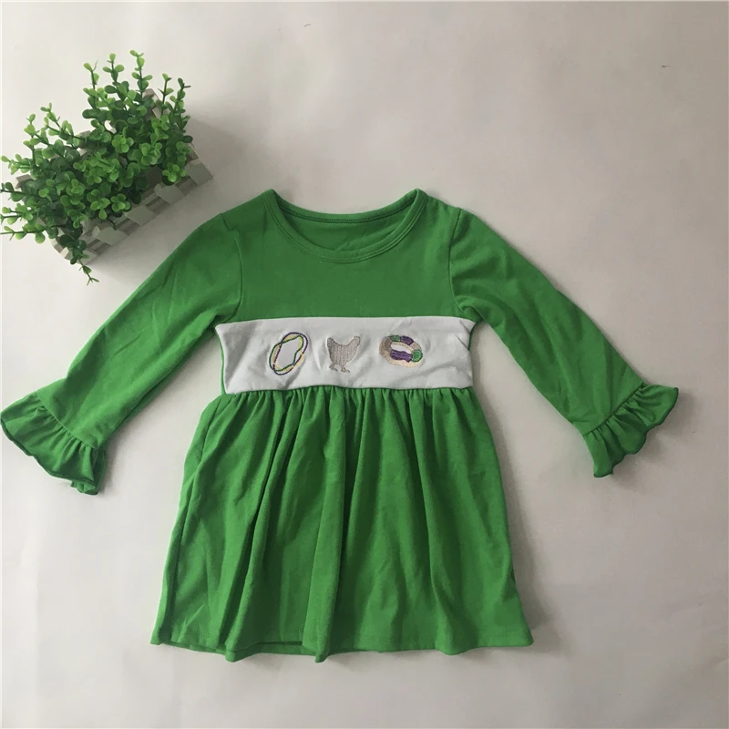 

New Arrival Mardis gras Style Baby Girls Dress Nice Green Ruffles Design Toddler Girls Dress Outfit