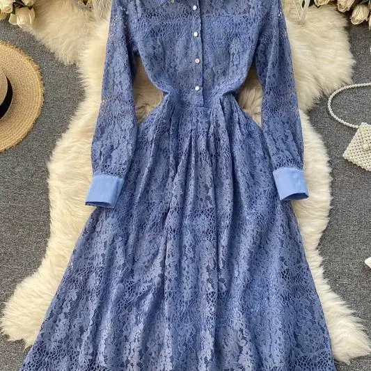

Women's Elegant Hollow Out Solid Color Long Dress Summer Autumn Long Sleeve Single Reasted Party Dress Ladies Streetwear Vestido