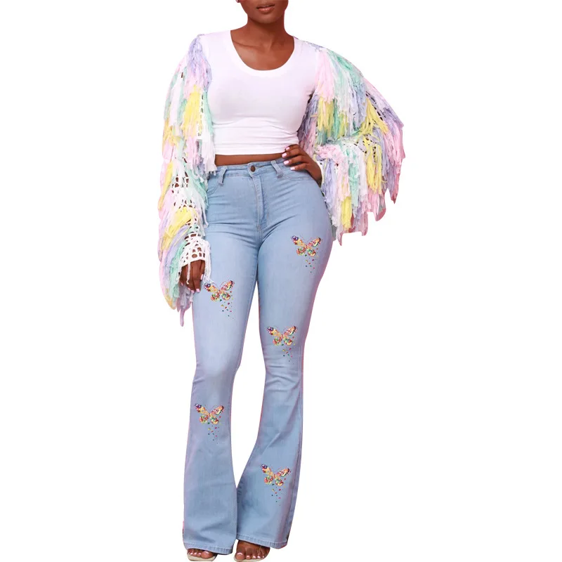 

HAOOHU 2020 new women's jeans pants fashion trends casual butterfly print high waist tight stretch full denim Flare Pants