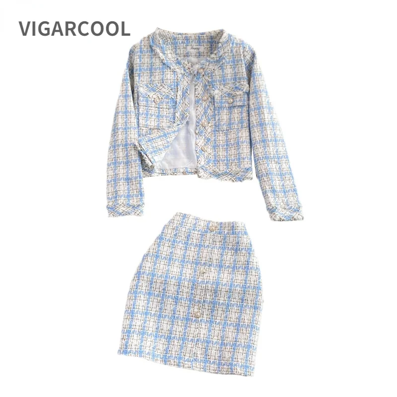 

High-quality Ladies-style tweed temperament Suit Women's high-level sense plaid suit Jacket + slim-fit hip Skirt Women's Suit