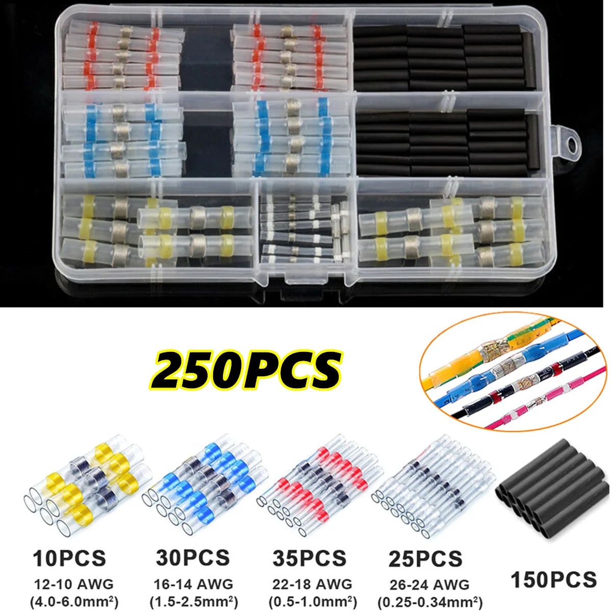 250PCS With Box 150/100/50 шт изолированный пайки рукав Уплотнение Термоусадочной терминалы Водонепроницаемый электрические проволочные стыковые соединители комплект 10-26AWG - Цвет: 250PCS With Box