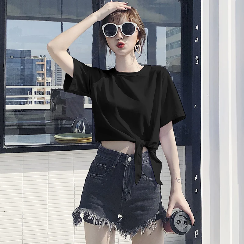

Летняя черная женская футболка с коротким рукавом, Свободный Топ с завышенной талией
