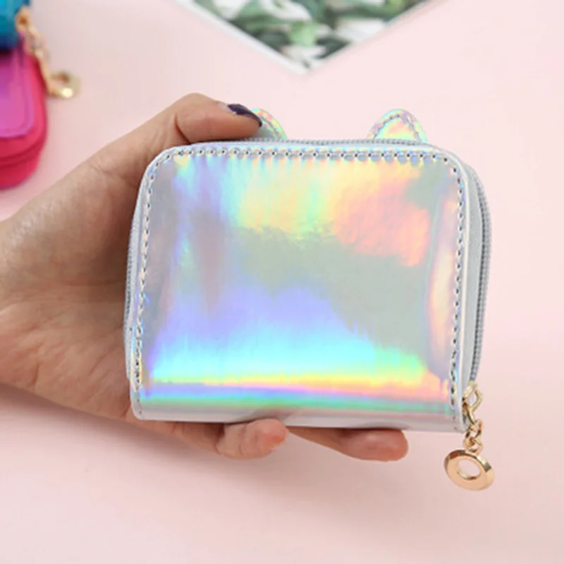 

Women's Holographic Cartoon Silver Zipper Purse Brand Animal Kitten Face Short Wallet Small Coin Money Clip Card Case Girls