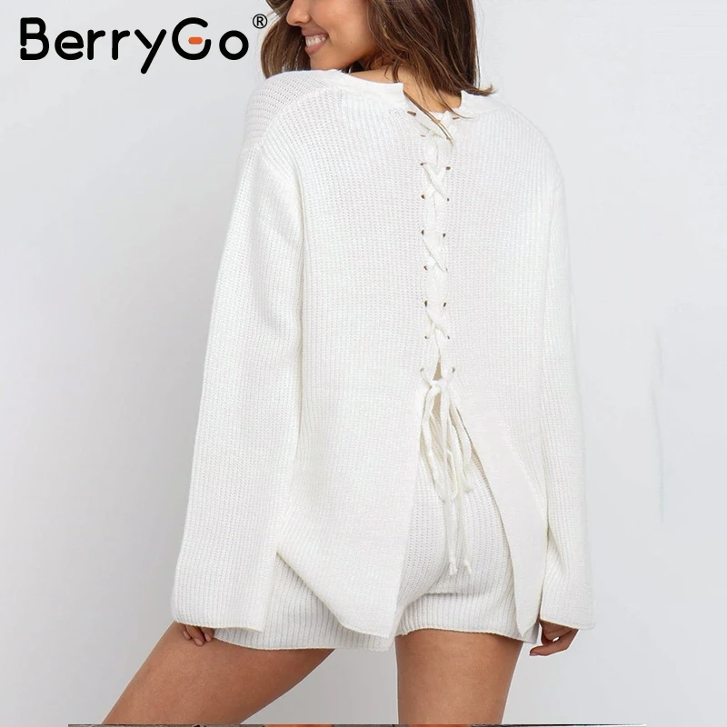 BerryGo Two-piece striped women pullover sweater Lace up long sleeve female jumpers Autumn winter warm knitted ladies sweaters | Женская