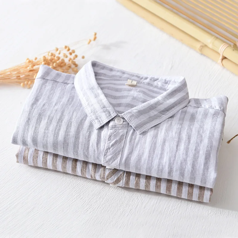 

2020 Men's Summer New Leisure Linen Striped Short Sleeve Shirt Adolescents Lapel Breathable Shirt