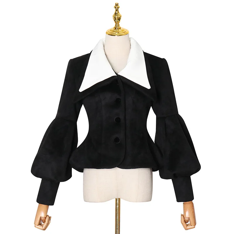 

Restoring ancient ways in the spring of the new fashion temperament lapel hubble-bubble sleeve single-breasted small waist skir