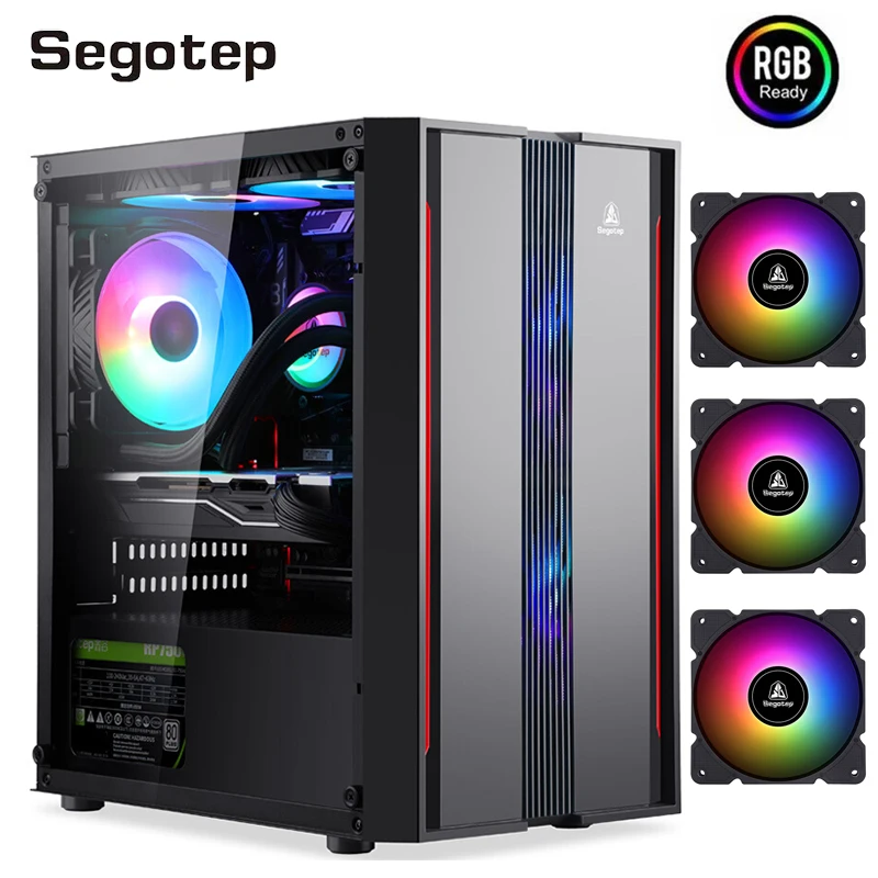 

Segotep Computer Chassis Case ATX Mid-Tower Tempered Glass Gaming Desktop LED PC Gamer Case Gabinete 3pcs 120mm RGB Rainbow Fans