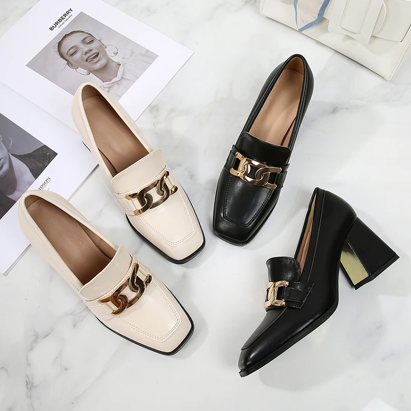 

2021 Spring/ Autum New British Style Women Work Leather Ladies Oxford Shoes Metal Buckle Casual Large Size Chunky High Heels 43