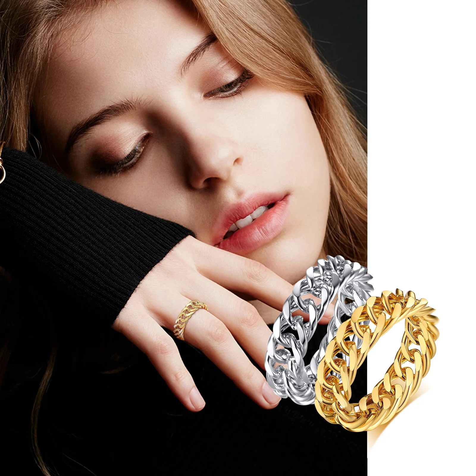 

HIPHOP CUBAN CURB CHAIN RINGS FOR WOMEN STAINLESS STEEL 6MM THICK SIZE 6 TO 11