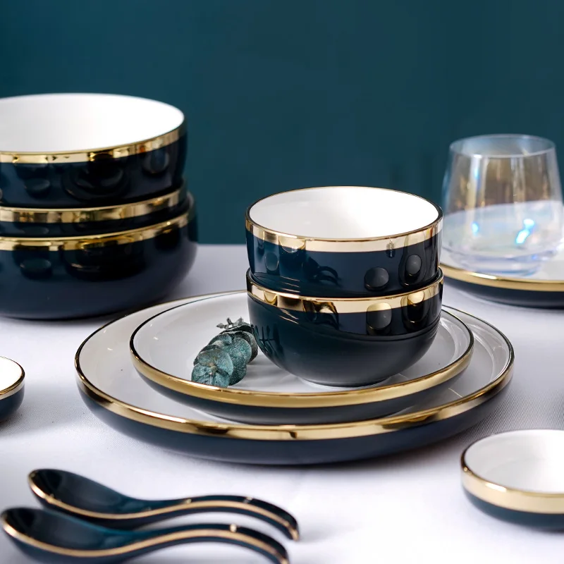

Creative Ceramic Tableware Porcelain Plate Luxury Dark Blue Dinner Plates Noodle Bowl Dishes and Plates Sets