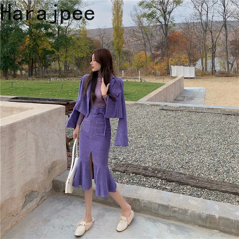 

Женский вельветовый костюм Harajpee свободный костюм с юбкой рыбий хвост и длинным рукавом, однобортный, в Корейском стиле, весна-осень