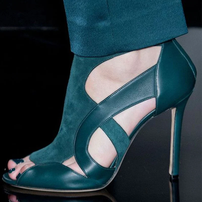 

Dark Green Peep Toe Ankle Boots Woman High Thin Heels Side Hollow Large Size 13 15 Ladies Summer Booties Shoes Fashion Shofoo