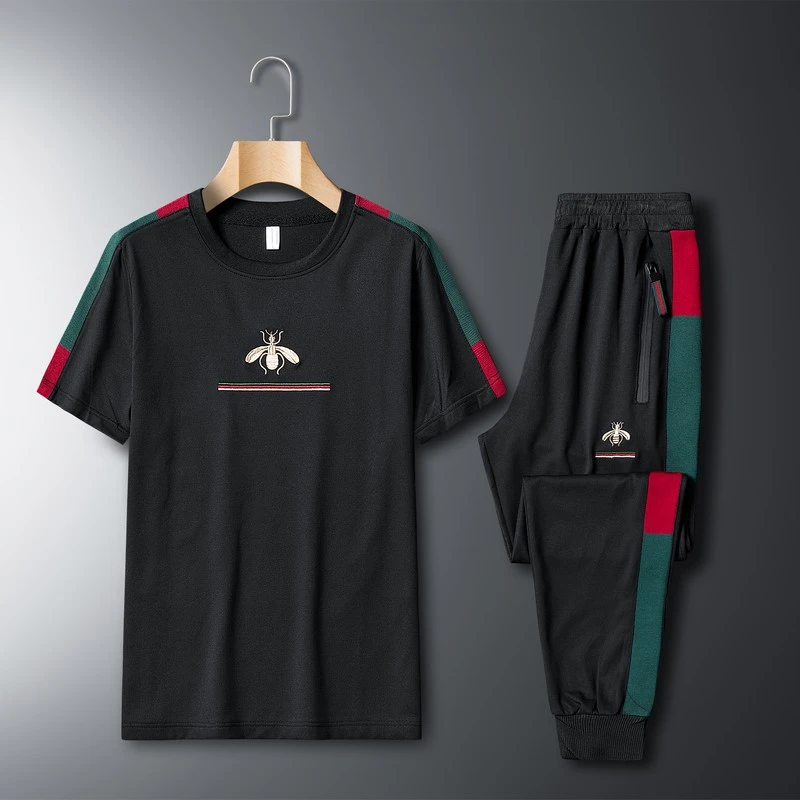 

Polyester 2021 New Slim Set Patchwork Printed Men Summer Embroidery Clothing Tracksuit Short Sleeve T-Shirt Sportswear Two Piece