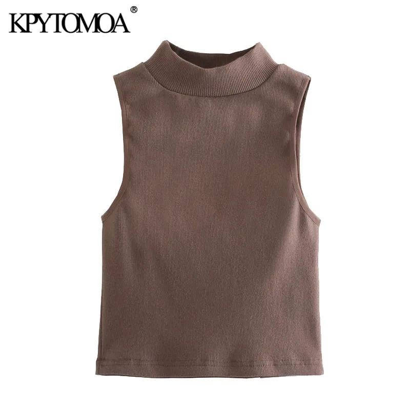 

Майка KPYTOMOA Женская эластичная трикотажная в рубчик, модный винтажный Топ без рукавов с высоким воротом, 2021
