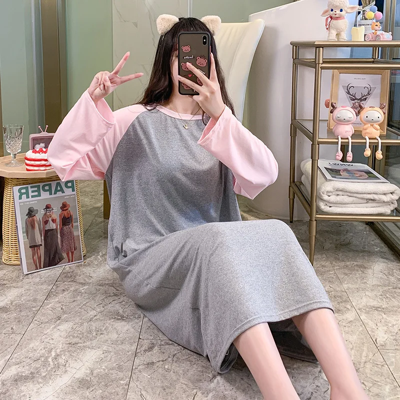 2021 Spring and Autumn New Long Sleeve Korean Fresh Nightdress Women's Casual Loose Pink Gray Pregnant Women's Long Home Wear