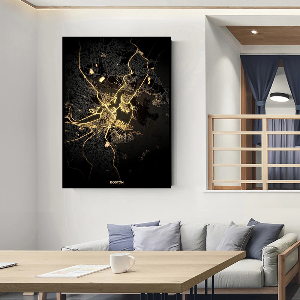 

American Boston Modern City Map Golden Luminous Print Print Art Poster Canvas Painting Used for Home Wall Decoration