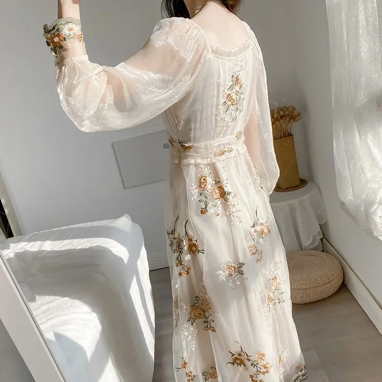

Korean Summer Elegant Long-Sleeved Chic Mid-Length Skirt French Romantic Flower Embroidery Net Yarn Fairy Skirt Women'S Clothes