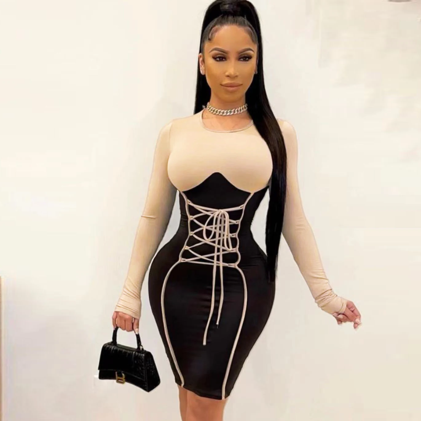 

2021 New Fashion Women Sexy Long Sleeve Mini Bodycon Bandage Black Patchwork Elegant Party Dress