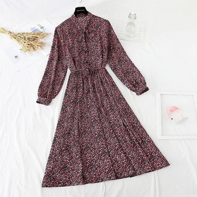 

New Women's Floral Print Pleated Chiffon Dress 2021 Spring Autumn New Female Casual lace Up Bow Neck Basic Single-breasted Dress