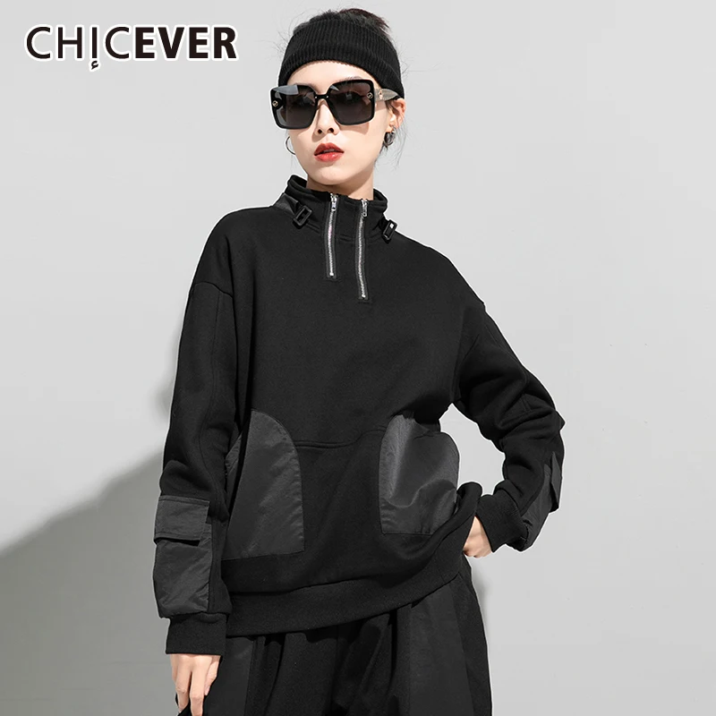 

CHICEVER Patchwork PU Leather Sweatshirt For Women Turtleneck Collar Long Sleeve Loose Sweatshirts Female Korean Fashion Clothes