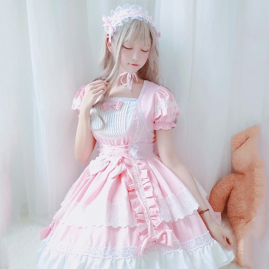 

Kawaii Lolita Dress Halloween Cosplay Costume Women Maid Sweet Lolita Pink Loli Princess Dress Party Clothes for Girls