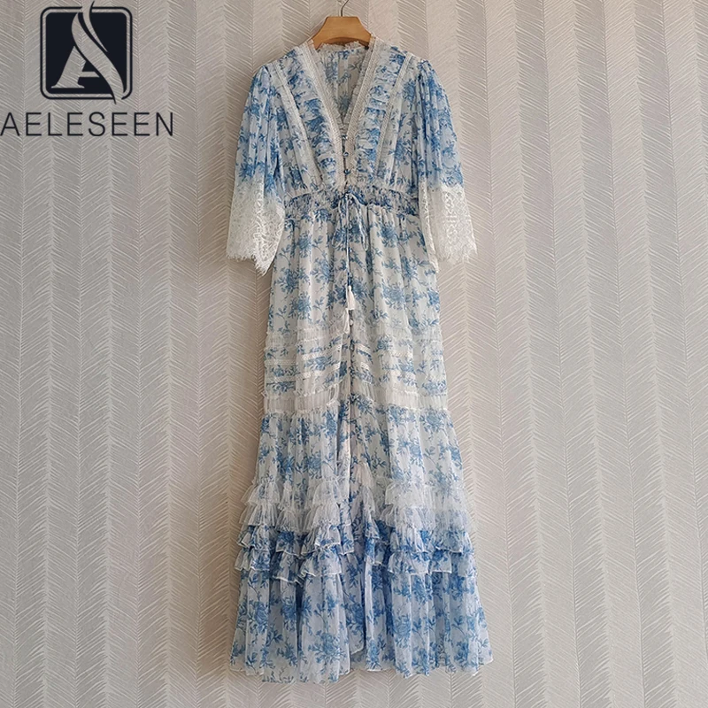 

AELESEEN Runway Fashion Women Dress Flare Sleeve Blue Pink Floral Print Cascading Ruffles Lace Long Elegant Party Dresses