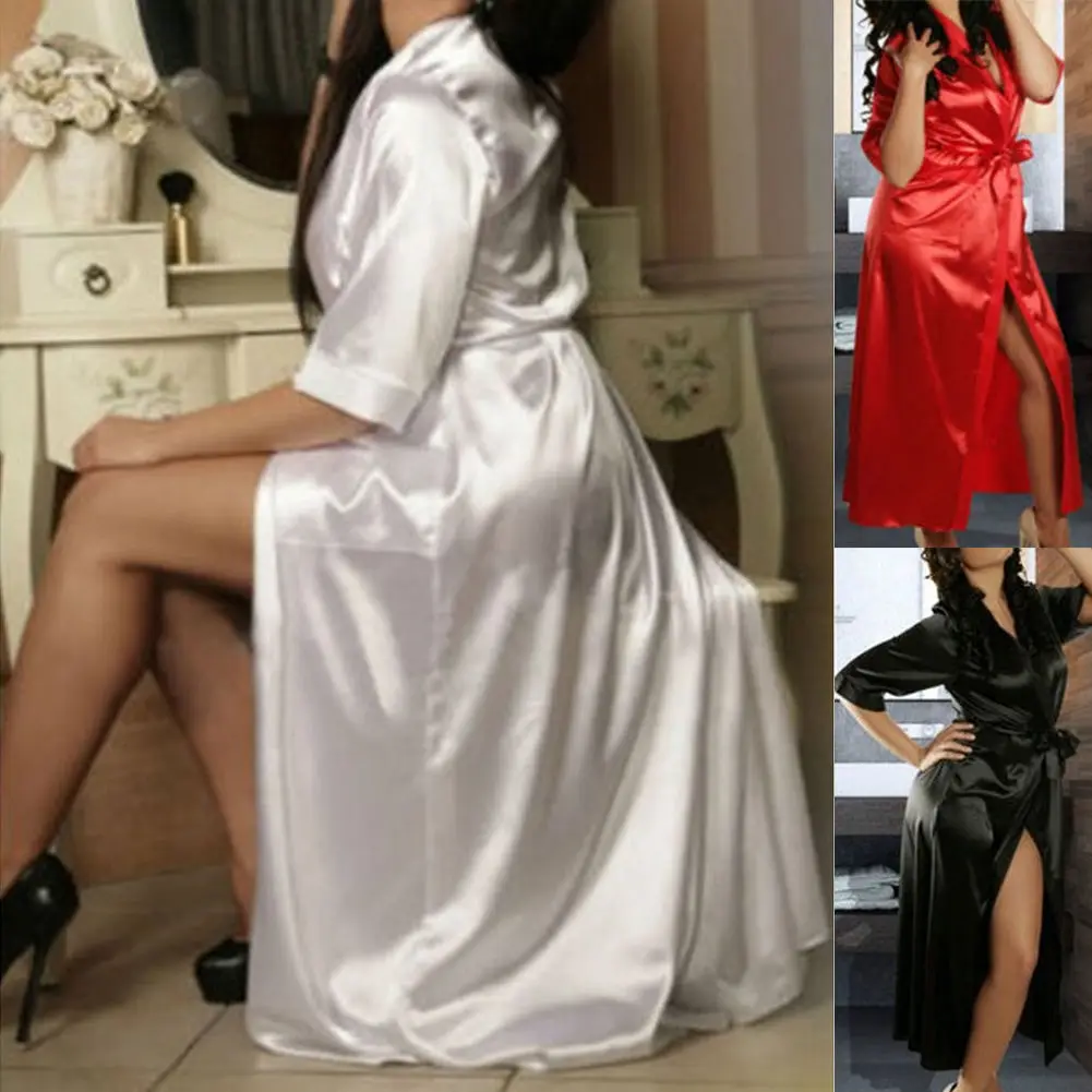 

Women Nightdress Silk Satin Lace Lingerie Pajama Kimono Sleepwear Long Robe Gown