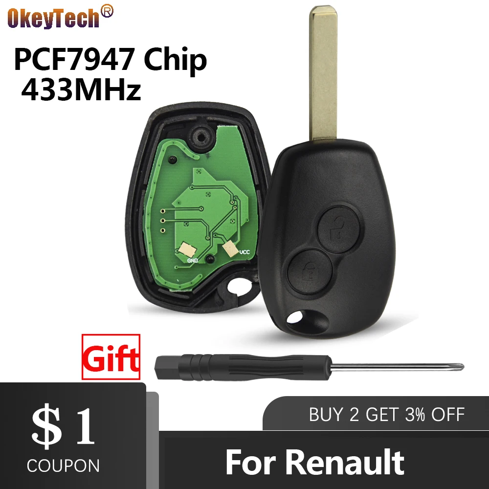 

OkeyTech 2 Buttons Remote Control Key Cover For Renault Duster Modus Clio 3 Twingo DACIA Logan Sandero 433MHz ID46 PCF7947 Chip
