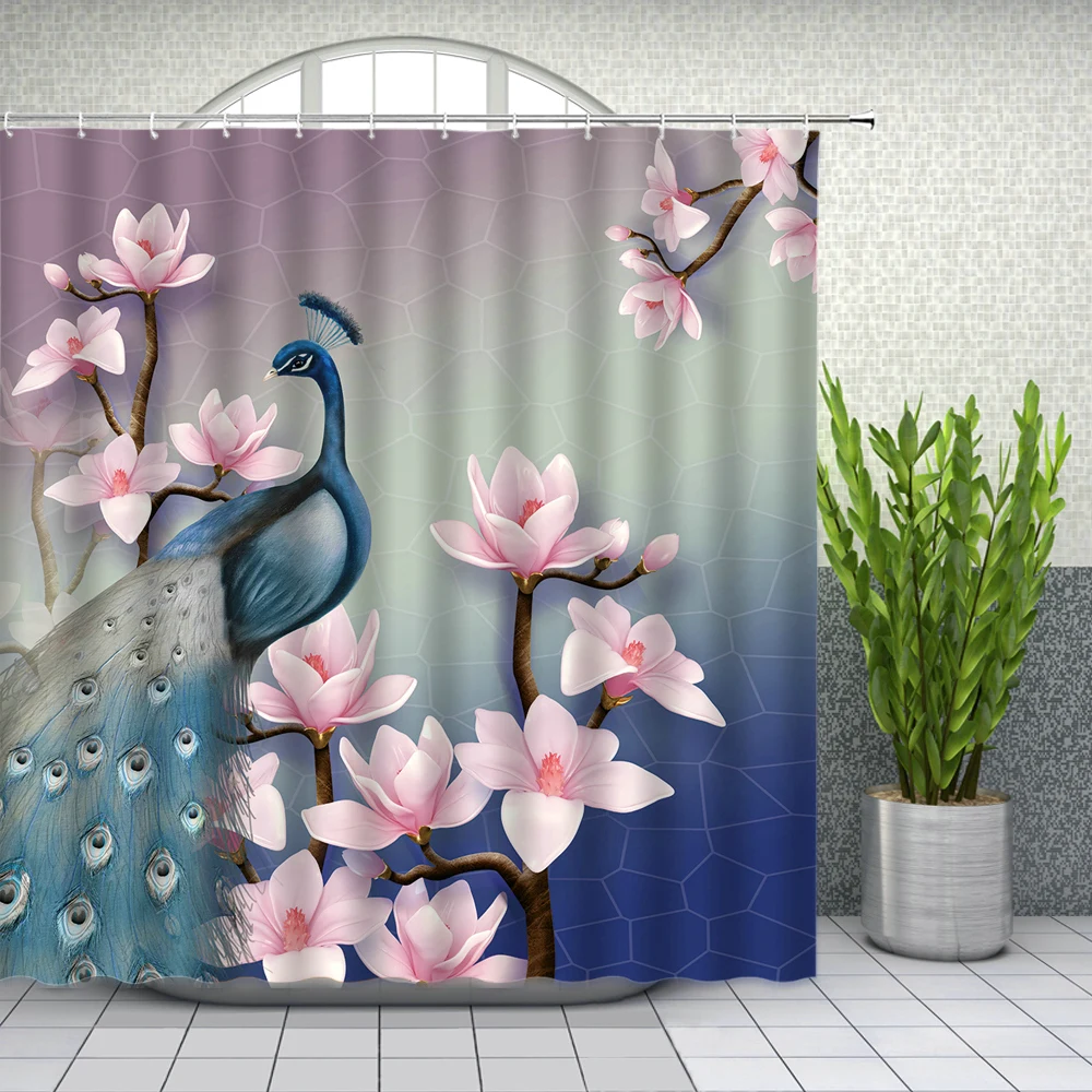 blue peacock shower curtains beautiful watercolor bird flower peony pattern bathroom decor bathtub waterproof cloth curtain set free global shipping