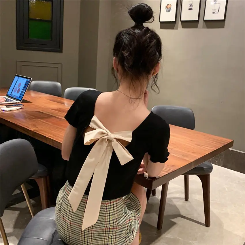 

Summer 2021 girls' student T-shirt with sweet agaric edge and new Korean bandage bow color contrast short sleeve T-shirt