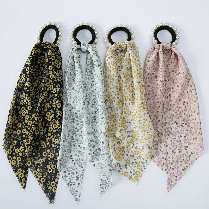 

Floral Print Scrunchies Hair band Women Hair Accessories Fashion Pearl Bow Hair Silk Ribbon for Girl Elastic Hair Bands Ponytail