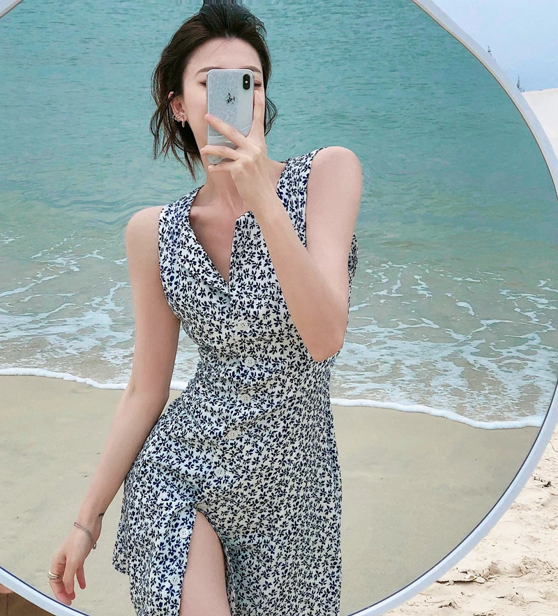 

Women Summer Beach Chiffon Sexy Sleeveless Print Boho Mini Party Dress Elegant V-Neck Sundress Vestidos