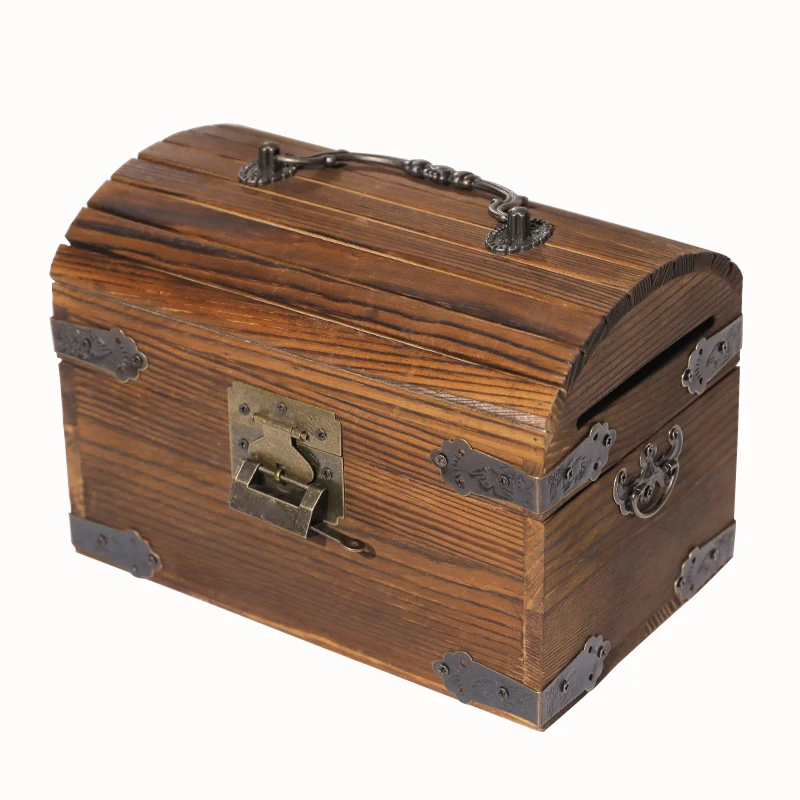 

Household solid wood coin box with lock, antique treasure box, creative children's gift box