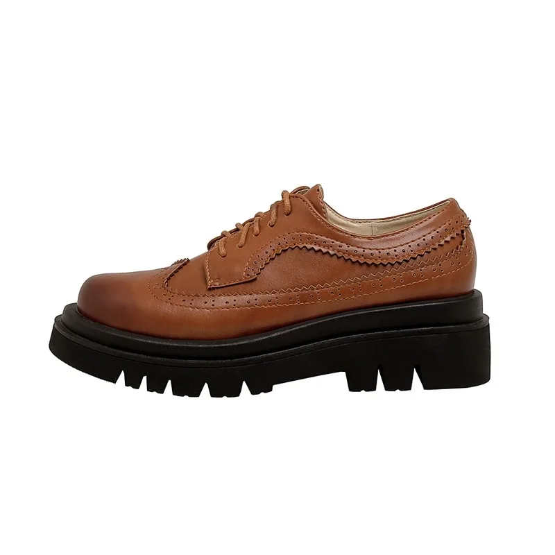 

Flat Platform Shoes Women New Arrival 2021 Spring Round Toe Chunky Heels Cross-tied Casual Bullock Oxfords Ladies Flats Size 43