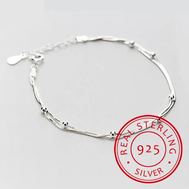 100% 925 Sterling Silver Double Round Beads Snake Bone Chain Bracelets & Bangles For Women Lady Fine Jewelry