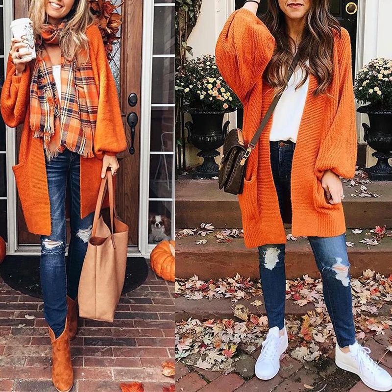 Женский вязаный свитер Meihuida повседневный Длинный мягкий кардиган оранжевого