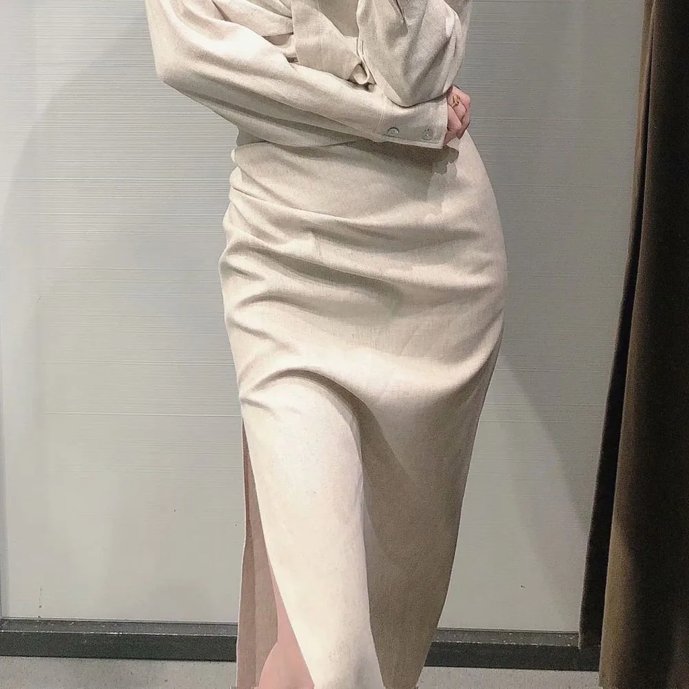 

2021 summer new high-waisted linen folds decorative split skirt solid color bag hip long skirt is thin and versatile zipper