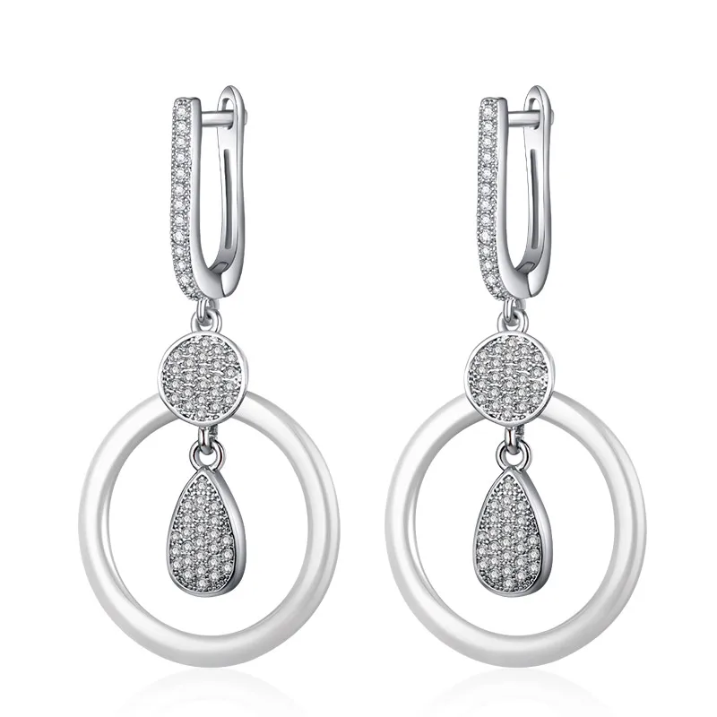 silver white MAIKALE Модная медная висячие серьги круглый керамический кубический цирконий подвеска в форме капли с покрытием золото; серебро; Сережки для женщин подарок - Окраска металла: silver white
