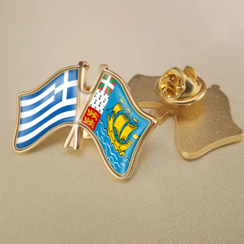 

Greece and St Pierre and Miquelon Crossed Double Friendship Flags Lapel Pins Brooch Badges