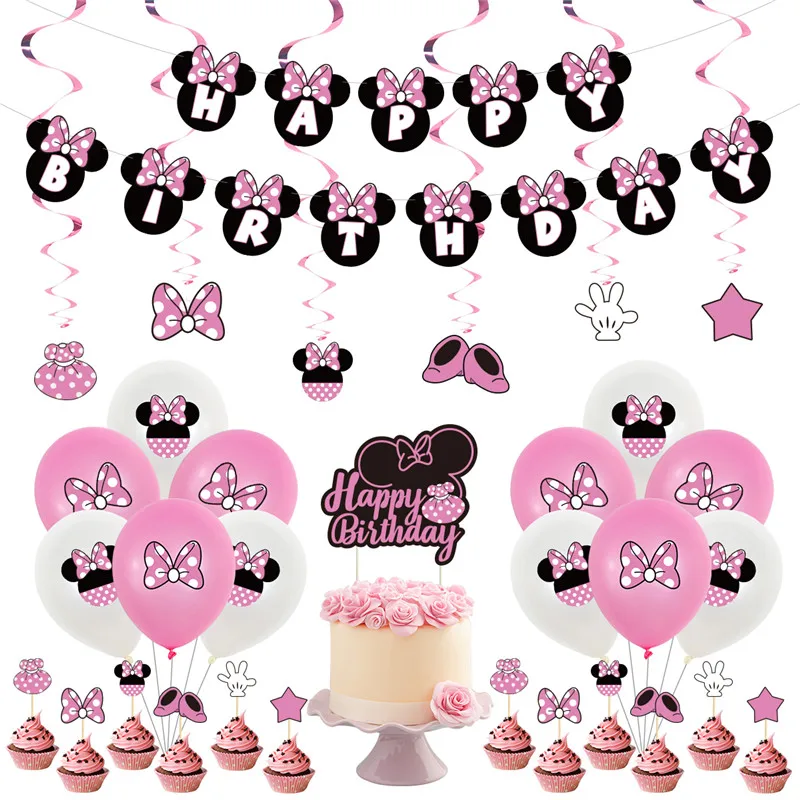 

1Set Minnie Balloons Mickey Minnie Mouse Birthday Party Decor Kids Party Banner Cake Toppers Disney Minnie Cartoon Theme Balloon